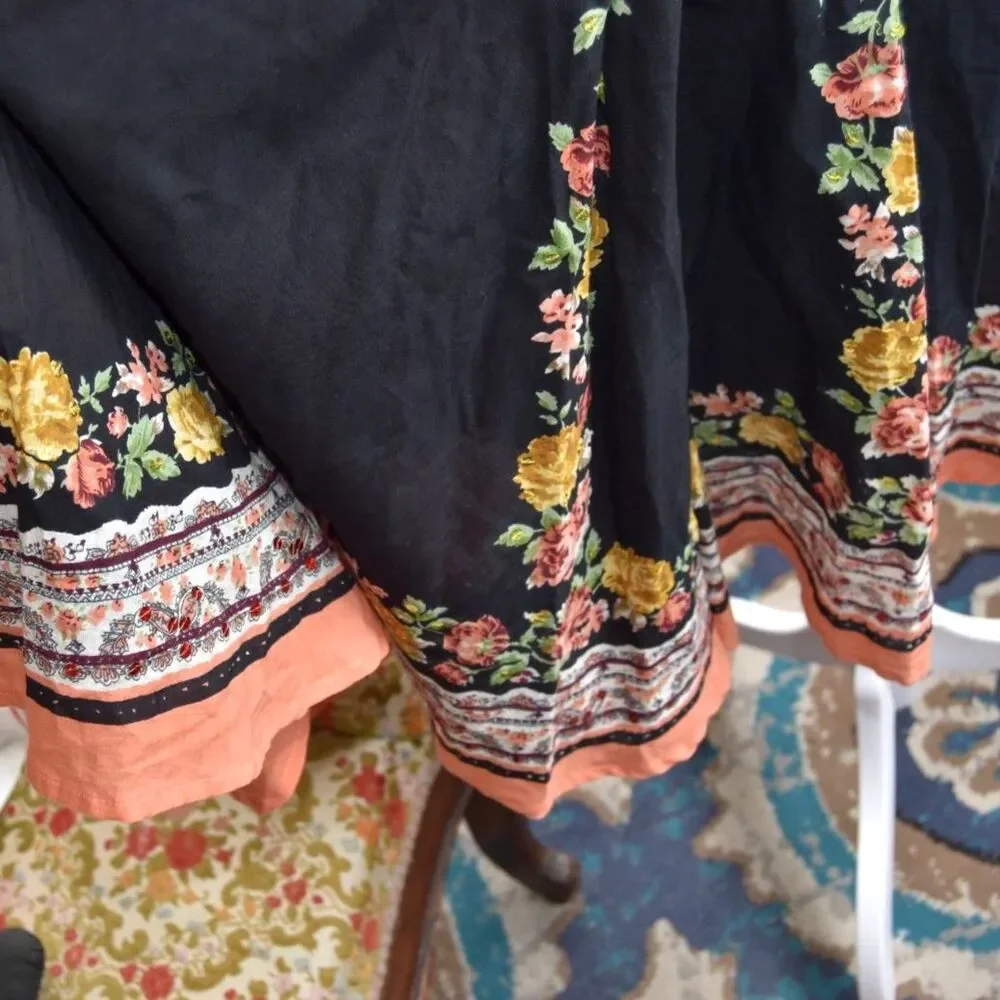 Blue Plate Y2K Boho Floral Circle Skirt Black Cotton India Size Large